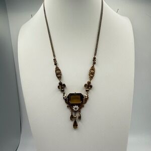 Vintage Brass Amber Glass Lavalier Necklace Enamel Flower Filigree Art Deco